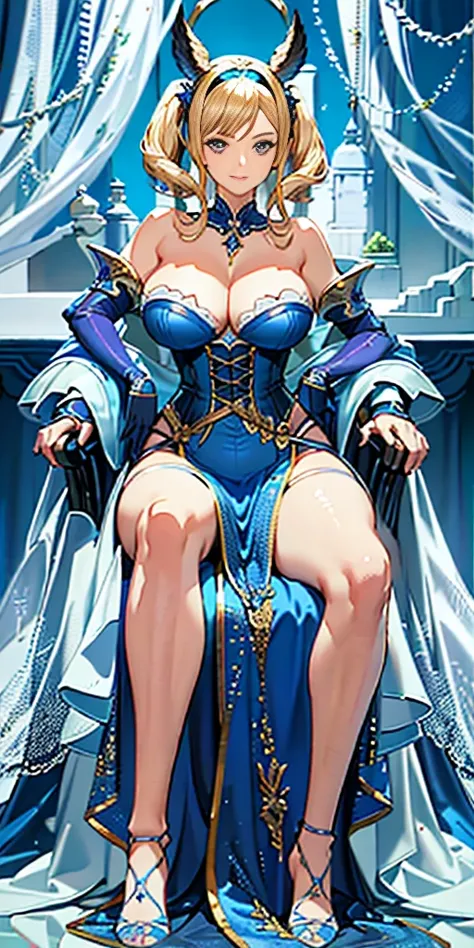 araffe dressed in blue sitting on a chair with a glass of wine, hyperrealistic full figure, thicc, curvaceous. detailed, divine render, blue corset, giant stunning goddess shot, bright blue shiny lingerie, blonde goddess, super detailed and realistic, ( hi...