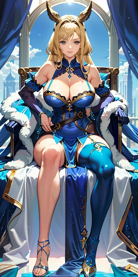 araffe dressed in blue sitting on a chair with a glass of wine, hyperrealistic full figure, thicc, curvaceous. detailed, divine render, blue corset, giant stunning goddess shot, bright blue shiny lingerie, blonde goddess, super detailed and realistic, ( hi...