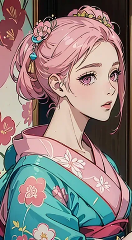 ((8k wallpaper of extremely detailed CG unit, ​masterpiece, hight resolution, top-quality, top-qualityのリアルテクスチャスキン)), ((a very beautiful woman, Plump lips, The upper part of the body, Japanese pattern haori,)), ((colorful wall with geometric pattern, Japan...