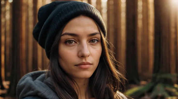 photograph of a woman, (sympathetic facial expression), textured skin, goosebumps, jet black half-up half-down hair, faux fined parka with skinny jeans and beanie, group profile, towering ancient redwood trees creating a sense of wonder and awe, perfect ey...