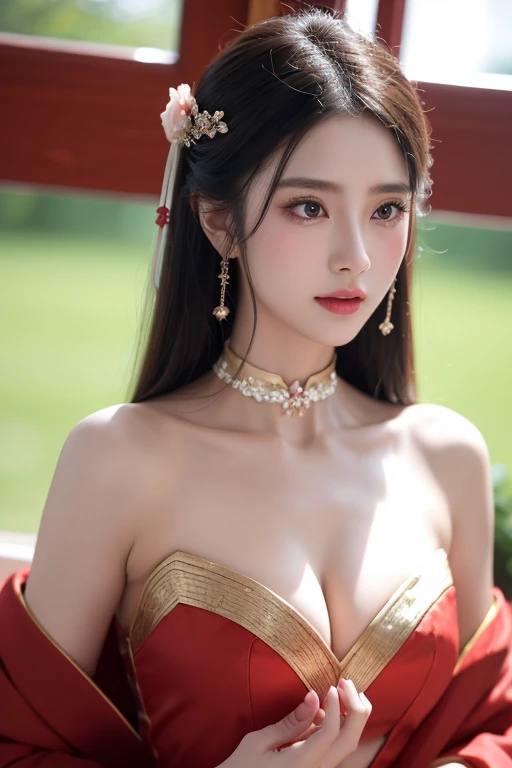 Excellent quality, tmasterpiece, High ResolutiShow on the, 1 girl, Be red in the face, (lusty  smile: 0.8), starpupil, Chinese Hanfu, hair adornments, choker necklace, jewely, big breasts beautiful, Show on the_body, dingdall effect, actual, Shadow Room, l...