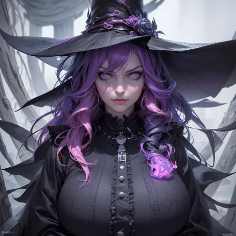 (best quality,4k,8k,highres,masterpiece:1.2),ultra-detailed,(realistic,photorealistic,photo-realistic:1.37),witch,brewing pot,cauldron,magic,dark atmosphere,mystical,full body, tall woman, dress, long dress, frilly dress, long hair, weird hair, colorful ha...