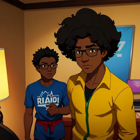 Create a prompt for a Brazilian character: a friendly, 10 to 12-year-old, medium-height, black boy from Rio de Janeiro with a medium-sized afro (black power) hairstyle. He is a geek and gamer, wears glasses, and has a warm and approachable demeanor."