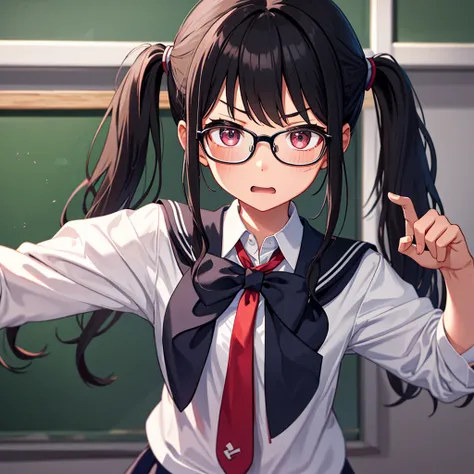 top-quality、Cute Schoolgirl、Class president with pigtails and glasses、A dark-haired、‎Classroom、Student uniform、get angry in front of the blackboard、Angry face