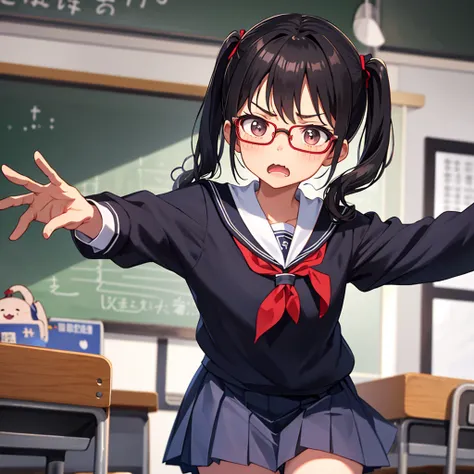 top-quality、Cute Schoolgirl、Class president with pigtails and glasses、A dark-haired、‎Classroom、Student uniform、get angry in front of the blackboard、Angry face