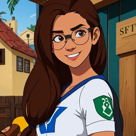 Brazilian character: a sweet, 17 to 19-year-old, overweight, white girl from Rio de Janeiro with a medium-length long bob hairstyle. Her hair is brown. Shes a geek and gamer, wears glasses(Harry potter style), she has a brown eyes. She is lovely, have a sw...