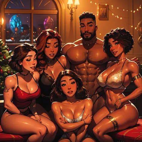 Muscular Handsome European ( tall&==((short-haired))) shirtless barbarian man with beard absolutely surrounded and being hugged and touched by (((three))) sexy women harem girlfriends bitches feeling his muscles and groin, women: long Flowing voluminous ha...