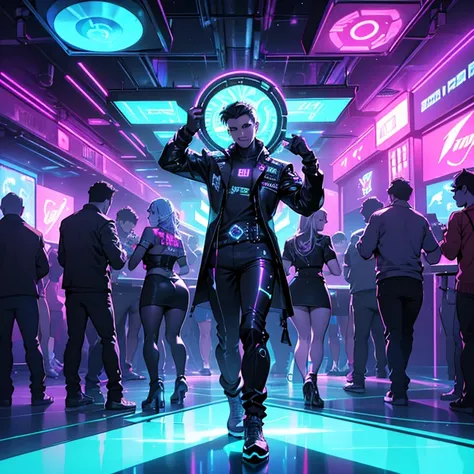 (best quality,4k,highres,masterpiece:1.2),ultra-detailed,realistic,disco,club scene, cybernetic disco, vibrant atmosphere, colorful lights, neon glow, energetic dancers, futuristic setting, lively music, pulsating beats, synchronized dance moves, DJ playin...