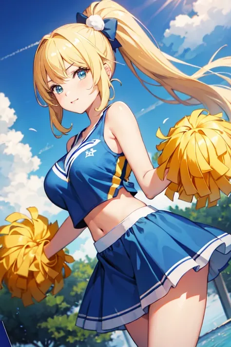 anime girl with blue dress and cheerleader holding up a pom pomrl, beautiful anime high school girl, pretty anime girl, cute anime girl, anime girl blonde busty