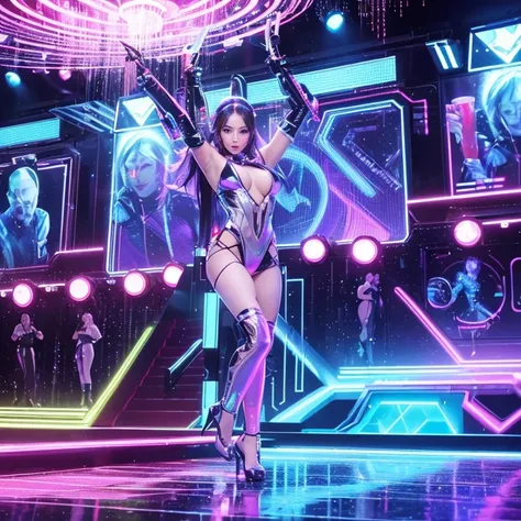 (best quality,4k,highres,masterpiece:1.2),ultra-detailed,realistic,disco,club scene, cybernetic disco, vibrant atmosphere, colorful lights, neon glow, energetic dancers, futuristic setting, lively music, pulsating beats, synchronized dance moves, DJ playin...