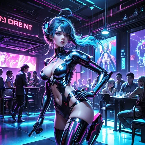 (best quality,4k,highres,masterpiece:1.2),ultra-detailed,realistic,disco,club scene, cybernetic disco, vibrant atmosphere, colorful lights, neon glow, energetic dancers, futuristic setting, lively music, pulsating beats, synchronized dance moves, DJ playin...