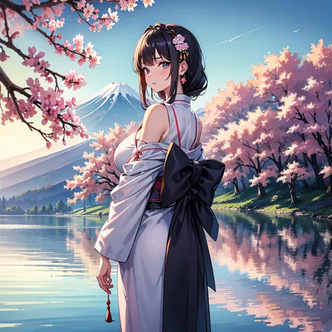 masterpiece,best quality,hires,detailed,anime style,1girl,distant view,kimono,furisode,mature,from back,very young face,pure face,pretty face,huge breasts,tied hair,hair ornaments,show off nape of neck,show off shoulders,detailed skin texture,turn around a...