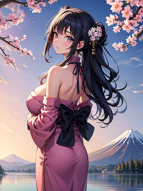 masterpiece,best quality,hires,detailed,anime style,1girl,distant view,kimono,furisode,mature,from back,very young face,pure face,pretty face,huge breasts,tied hair,hair ornaments,show off nape of neck,show off shoulders,detailed skin texture,turn around a...