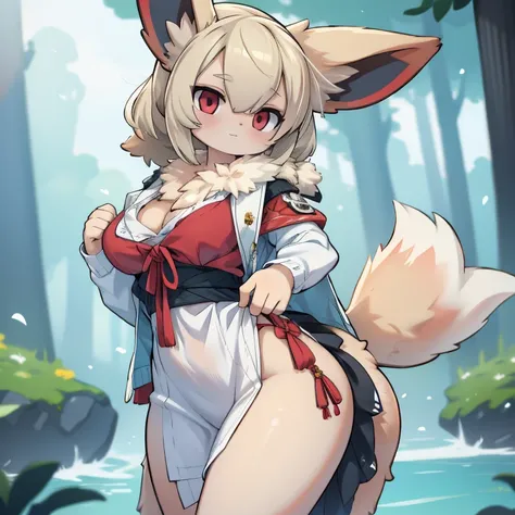 anime female, masterpiece, high quality, 1girl, gnoll and eeveee hybrid pokemon, fullbody, frontal wiew, blonde, red eyes