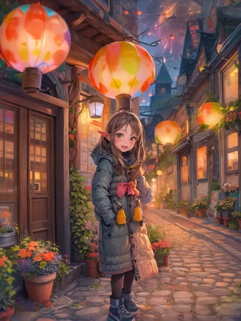 (Faraway view:1.8), ((at winter season))，(New Year&#39;s Day)，((fireworks in the night sky:1.7))，((Fireworks bloom，lots of fireworks))，Quaint European village，(corner flower shop:1.5)，beautiful  flowers，warmly lit，(Filled with many colorful lanterns and Ne...