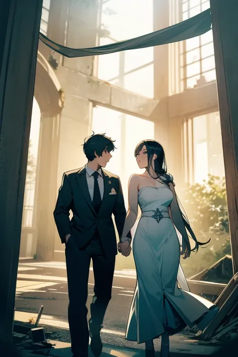 They walked hand in hand through the ruins to escape，Man and woman walking together in suits,The environment is dark，The characters need to be two-dimensional