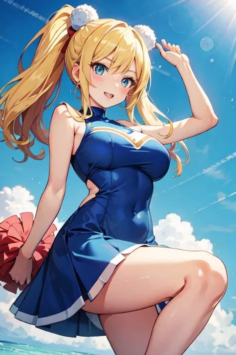 anime girl with blue dress and cheerleader holding up a pom pomrl, beautiful anime high school girl, pretty anime girl, cute anime girl, anime girl blonde Big breasts