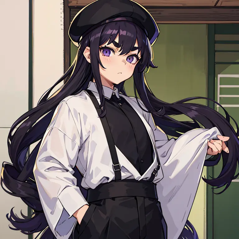 ighly detailed、thick eyebrows、an 18-year-old man、wear an olive hat、purple and black mesh hair、clothes: black haori over white sh...