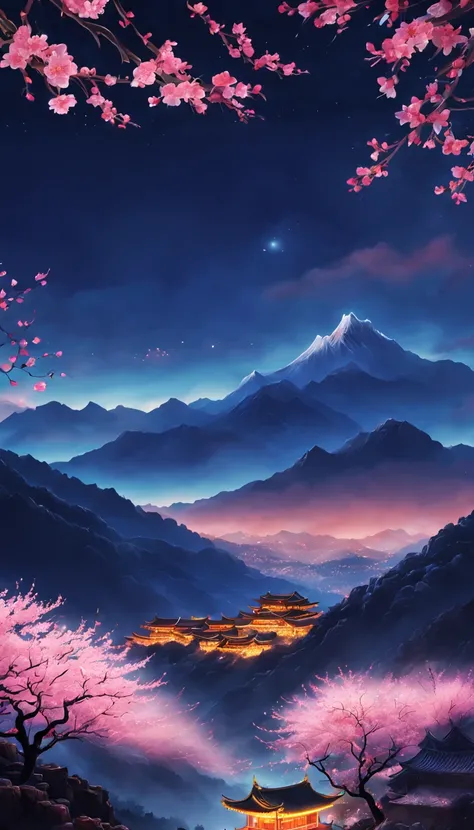 On a cold winter night，A grand New Year fireworks display is taking place in the sky over a traditional Chinese village。Fireworks bloom in the night sky，Beautiful fireworks formed，It creates a mysterious and unique atmosphere。 The mountain peaks in the pic...