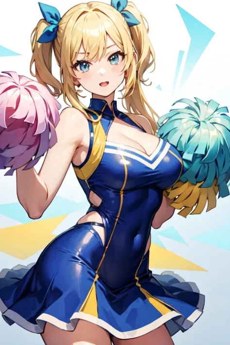 anime girl with blue dress and cheerleader holding up a pom pomrl, beautiful anime high school girl, pretty anime girl, cute anime girl, anime girl blonde Big breasts