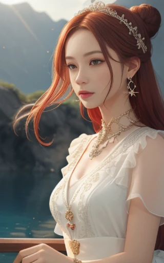 Best quality, masterpiece, high resolution, CG, 1 girl, weapon, long whip, long red hair, dress, water, solo, jewelry, white dress, earrings, hair accessories, splash, upper body, bun, brunette hair, lighting, frankness, photo, high resolution, 4k, 8k, bok...