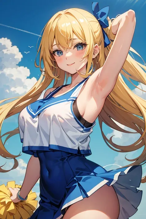 anime girl with blue dress and cheerleader holding up a pom pomrl, beautiful anime high school girl, pretty anime girl, cute anime girl, anime girl blonde Big breasts