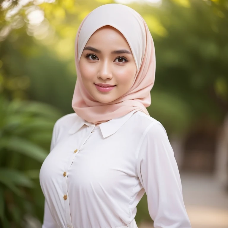 Classy innocent malay babe, very beautiful, typical malay hazel eyes, slim figure, sweet character, (wears modest dress), large breast inside dress, professional lighting, portrait, blur background, (dynamic range: 1.2), great scene, midshot, full chest, (...