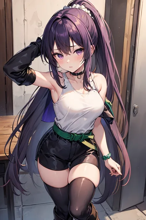 Martina,Purple eyes, Purple hair, Very long hair, Ponytail, hair scrunchie, Green Choker, o-ring top, Tank top, Sleeveless, waist cape, Black shorts, Green belt, long boots,fcPortrait