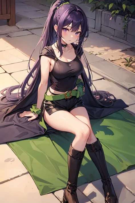 Martina,Purple eyes, Purple hair, Very long hair, Ponytail, hair scrunchie, Green Choker, o-ring top, Tank top, Sleeveless, waist cape, Black shorts, Green belt, long boots,fcPortrait