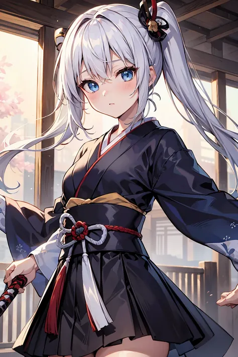 white  hair,poneyTail,samurais,komono,knifes,soft eyes,Blue eyes