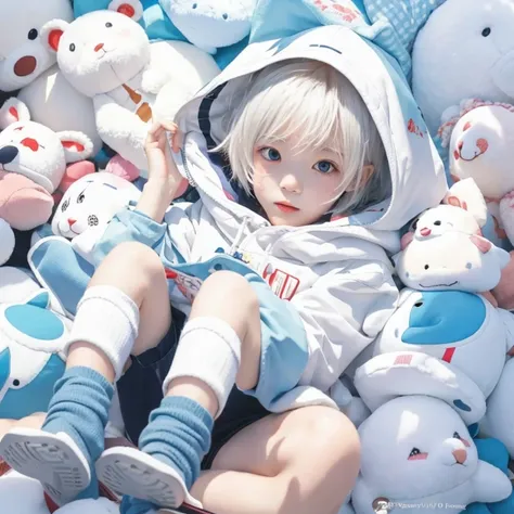 Anime boy lying among a pile of stuffed toys, The highest rating on PixiV, Popular topics on artstation pixiv, guweiz on pixiv artstation, pixiv, guweiz on artstation pixiv, Digital art on Pixiv, splash ink art anime loli, Popularity on pixiv, In Pixiv, Gu...