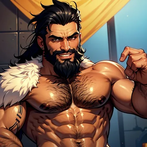 A naked muscular hairy man with a brown skin, a big amount of chest hair, a black beard, black hair, with big penis ,and some cum on his abs and some scars, raising both hands wide open as he is smirking while having a side smile, let him have a pierced in...