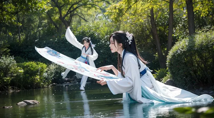 wonderland，Hanfu，Beautuful Women，people flying，A monster is chasing you in the distance，tmasterpiece，8K，ultra - detailed，ultra - detailed渲染, Anatomical correct