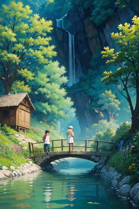 Animated scene of a man and a group of people fishing on a bridge, ghibli studio anime style, anime movie screenshot, Ghibli animation style, miyazakis animated film, Ghibli animation style, screenshot from the anime film, studio ghibli anime screenshot, M...