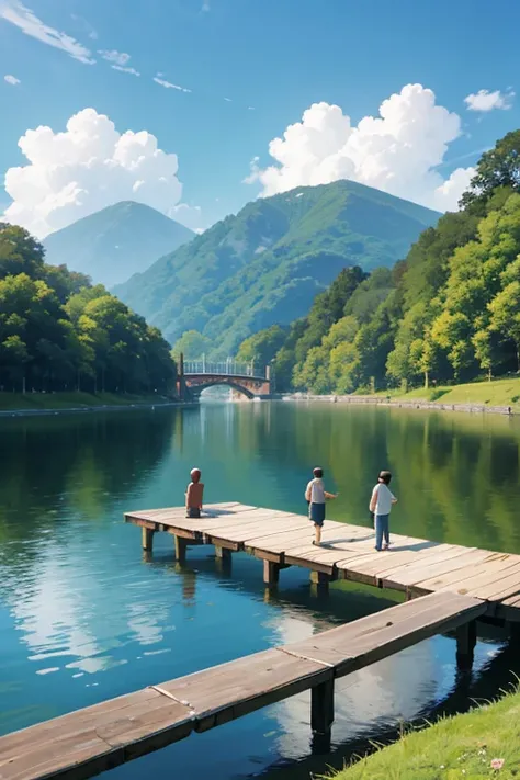 Animated scene of a man and a group of people fishing on a bridge, ghibli studio anime style, anime movie screenshot, Ghibli animation style, miyazakis animated film, Ghibli animation style, screenshot from the anime film, studio ghibli anime screenshot, M...