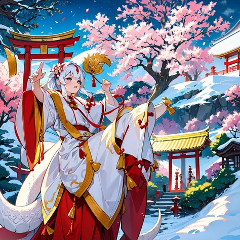 NSFW, masterpiece, High-quality, High-resolution, Realistic anime sketch, To celebrate the New Year, featuring a rising dragon and a beautiful Japanese shrine maiden performing a joyous dance, The image captures the traditional red and white colors with a ...