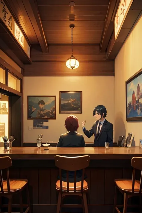 Character sitting at bar in dark room, 坐at a bar里, 坐at a bar里, Screenshot of the 2012 animation, TV animation stills, screenshot from the anime film, in the anime film, Still from anime, Medium shot of two characters, at a bar, anime movie screenshot, Toda...