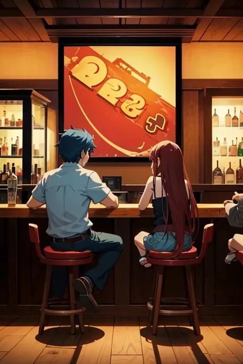 "cartoon characters sitting in a dark bar, sitting in a bar, sitting at a bar, 2012 animated screenshot, TV anime still, animated movie screenshot, in an animated movie, from an anime, mid-shot of two characters, in a bar, anime movie screenshot, todays re...