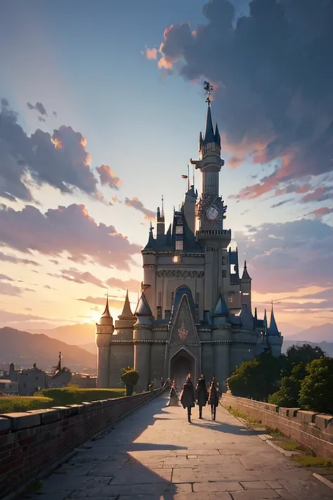 A castle scene with people walking around it, castle landscape, fortress gateway, opening scene, (Attack on Titan animation), anime scenery, Black Clover screenshot, Attack on Titan style landscape, enormous gate, insane asylum anime style, castle setting,...