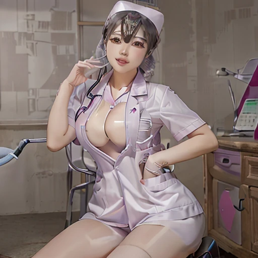 nurse uniform,hospital, latex nurse suit,nurses,busty,elbow gloves,labcoat,silverhair woman,pink eyes , gigantic boobs ,medical instruments,asian nurse,two nurses,speculum,examination room,oversize boobs, ,big ass ,strap on, lay on table ,legs spreaded,giv...