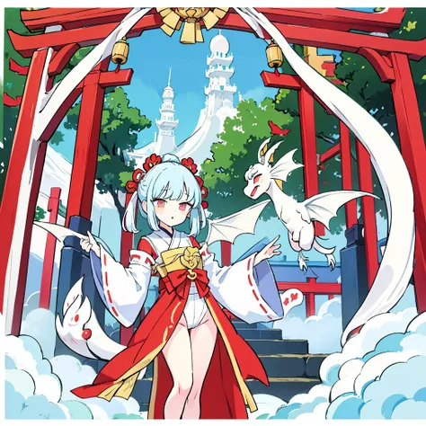 NSFW, masterpiece, High-quality, High-resolution, Realistic anime sketch, To celebrate the New Year, featuring a rising dragon and a beautiful Japanese shrine maiden performing a joyous dance, The image captures the traditional red and white colors with a ...