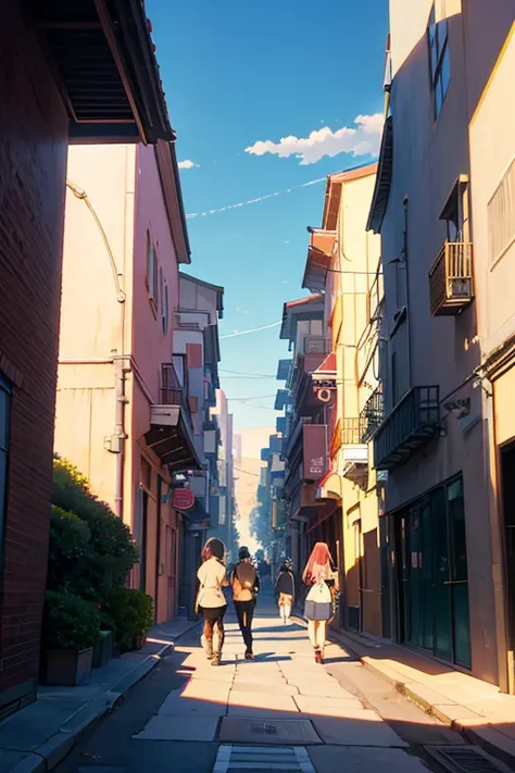 a painting on the street，people walking on the street，The background is a building, anime scene, beautiful anime scenes, Anime beautiful peaceful scene, screenshot from the anime film, Anime landscapes, Anime countryside landscape, Anime background art, be...