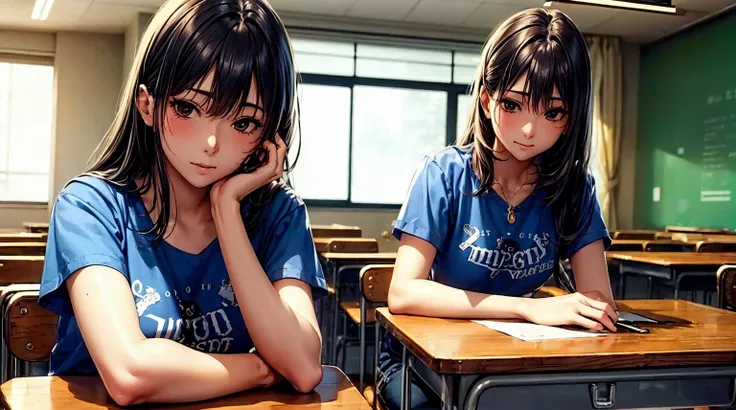 (((最hightqualityの画像、masterpiece level、very high res、超A high resolution,hightqualityのディテール)))、She is the ultimate beauty with black hair and wears a high school uniform.、Sitting cross-legged on a chair in a school classroom、(Accurate images,accurate anatomy...