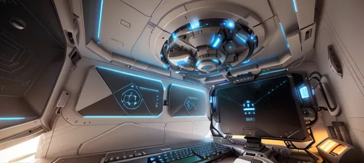 a close up of a computer screen with a drawing of a spaceship, detailed spaceship interior, ambient occlusion:3, strong ambient ...