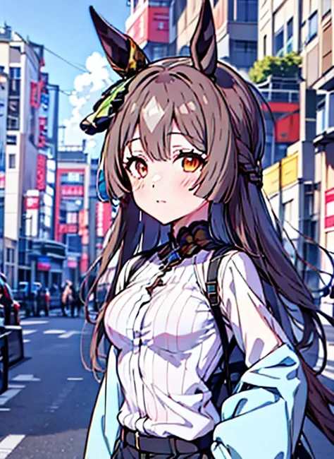 anime girl wearing a white shirt and black pants standing in the city, ayaka genshin impact, anime visuals of cute girls, from t...