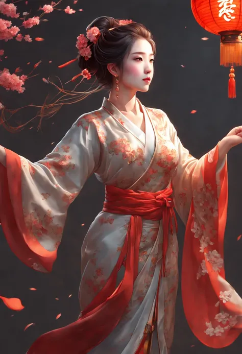 new year theme, A woman facing the wind, exuding a mysterious Eastern romance, flowing attire, enhance, intricate, (best quality, masterpiece, Representative work, official art, Professional, unity 8k wallpaper:1.3)