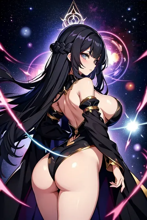 Anime black hair galaxy entity, she is dressed with an elegant black gown and wears a collar with a magic circle in it. She has long hair, she looks divine, huge ass,.