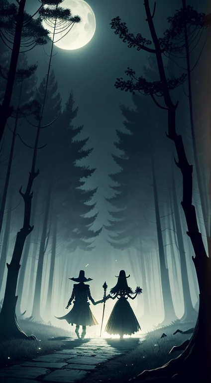 Imagine the spooky night as the skeleton and the witch embark on their journey through a dense and mysterious forest. Picture the shadows playing tricks, and strange sounds echoing through the trees. Create an image of the characters walking hand in hand, ...