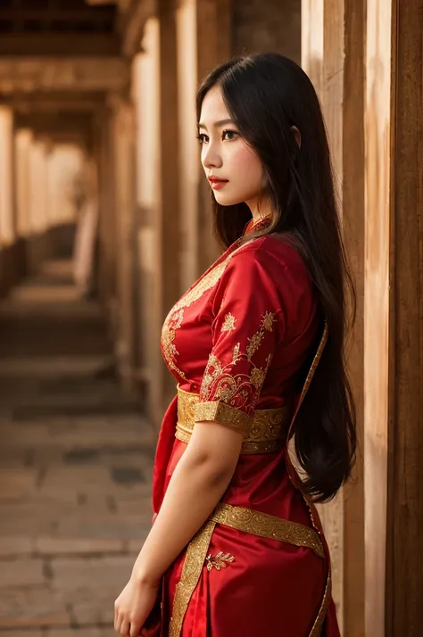 happy new year, red theme, A woman facing the wind, exuding a mysterious Eastern romance, flowing attire, enhance, intricate, (best quality, masterpiece, Representative work, official art, Professional, unity 8k wallpaper:1.3)