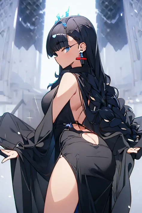 anime black hair galaxy entity, she is dressed with an elegant black gown and wears a collar with a magic circle in it. she has ...